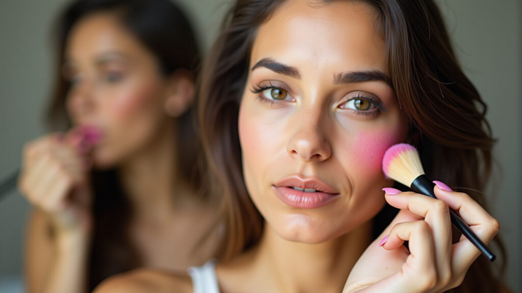 Brazilian woman applying powder blush with a brush, natural light, professional photography, 8K Aplicação de blush em pó em pele oleosa.