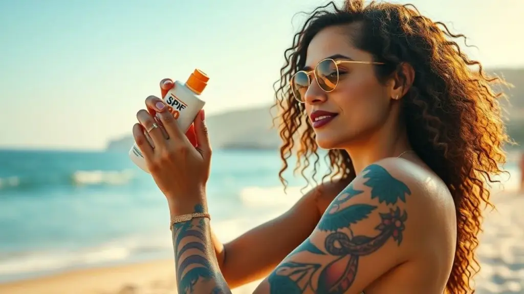 Mulher aplicando protetor solar em tatuagem no braço, protegendo-a do sol na praia.