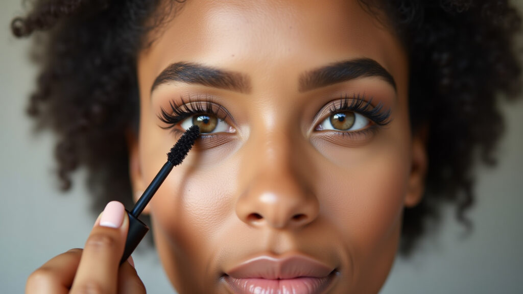 Brazilian woman applying waterproof mascara, professional photography, 8K quality, natural light, Máscara de cílios à prova d'água.