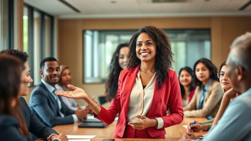 Mulher brasileira apresentando em reunião. Desenvolvimento de lideranças femininas.