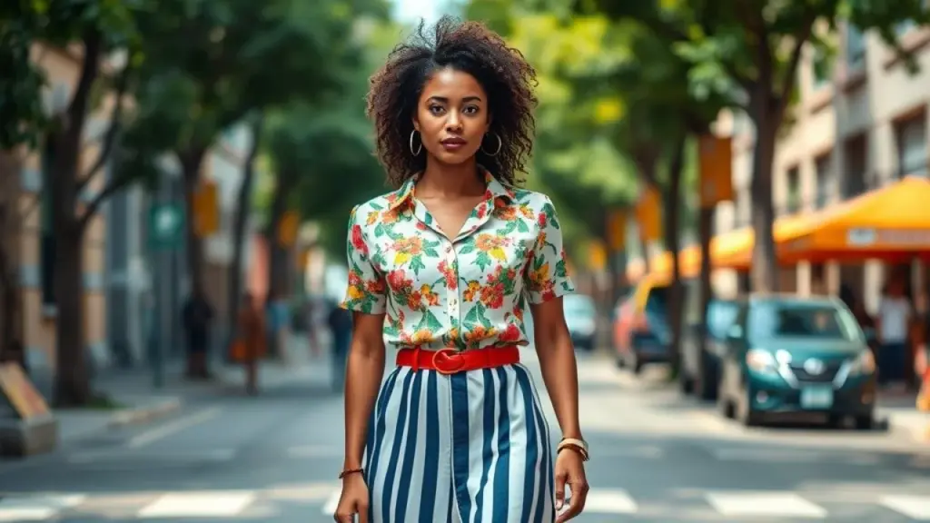 Brazilian woman confidently showcasing a mix-and-match outfit with floral blouse and striped skirt, Mulher brasileira confiante com blusa floral e saia listrada, mix de estampas.