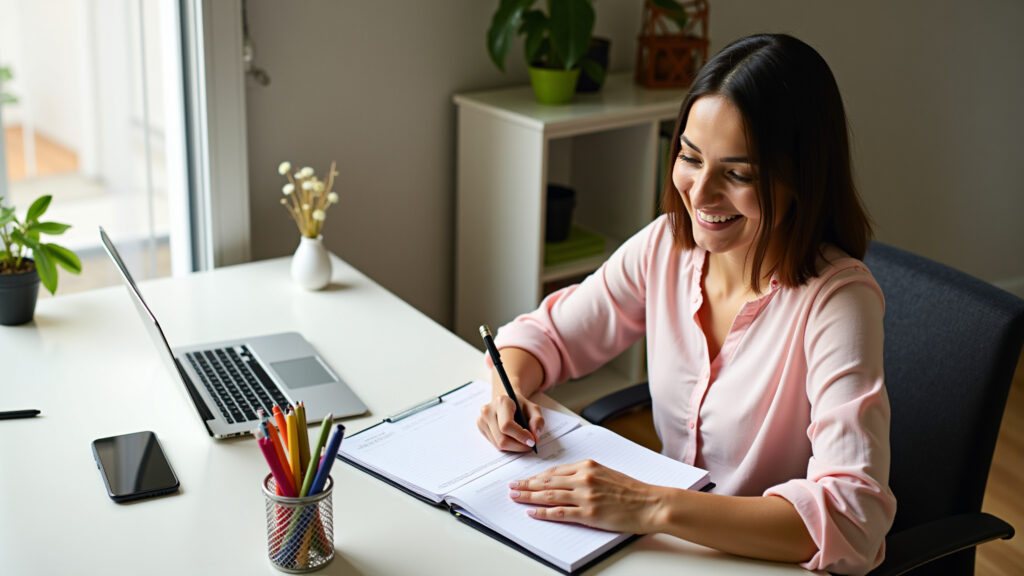 Brazilian woman creating a realistic schedule with planner, colorful pens, cozy home office, Mulher criando cronograma realista para metas anuais.