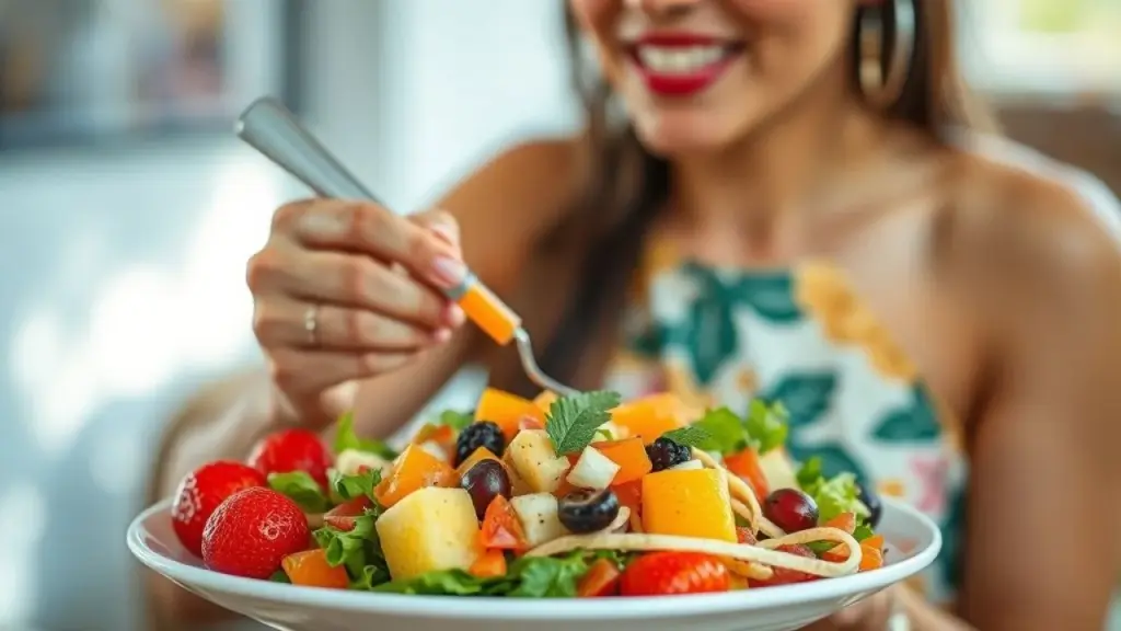 Brazilian woman eating a colorful salad with various fruits and vegetables, professional food Mulher brasileira comendo salada saudável para controlar a oleosidade do cabelo.
