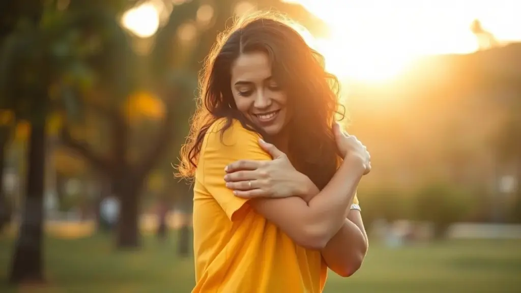 Brasileira se abraçando em parque no Rio, representando amor próprio.