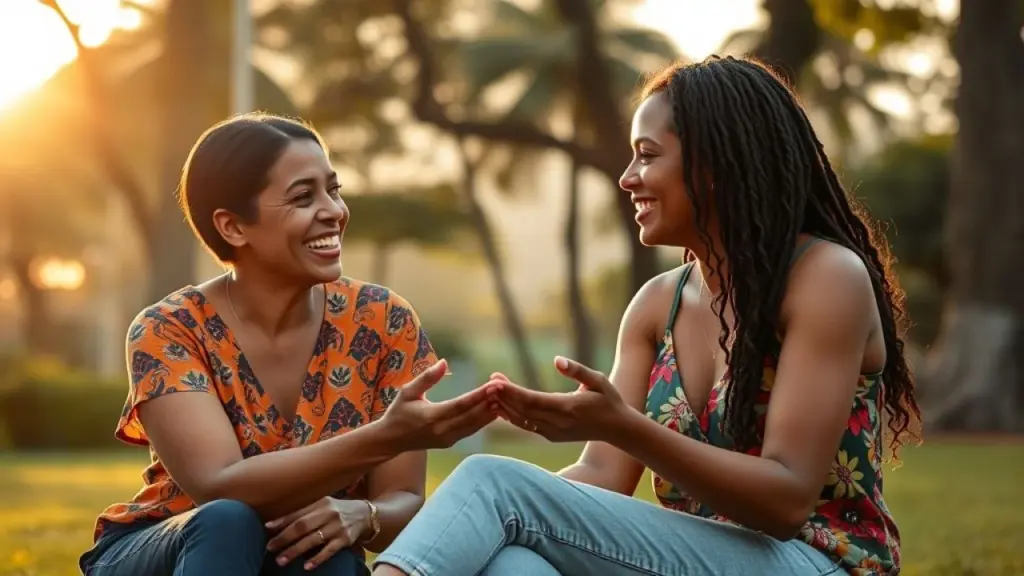 Mentora brasileira dando conselhos para mentorada em parque
