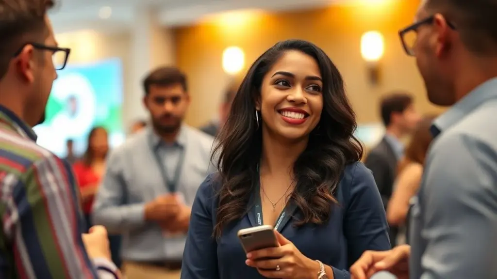 Mulher brasileira fazendo networking em evento profissional
