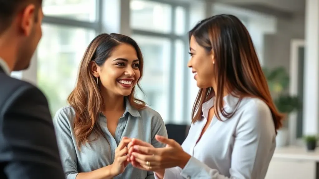 Brazilian woman receiving a compliment from her colleague in a bright, modern office setting, focus Colegas brasileiros trocando elogios em ambiente de trabalho positivo.