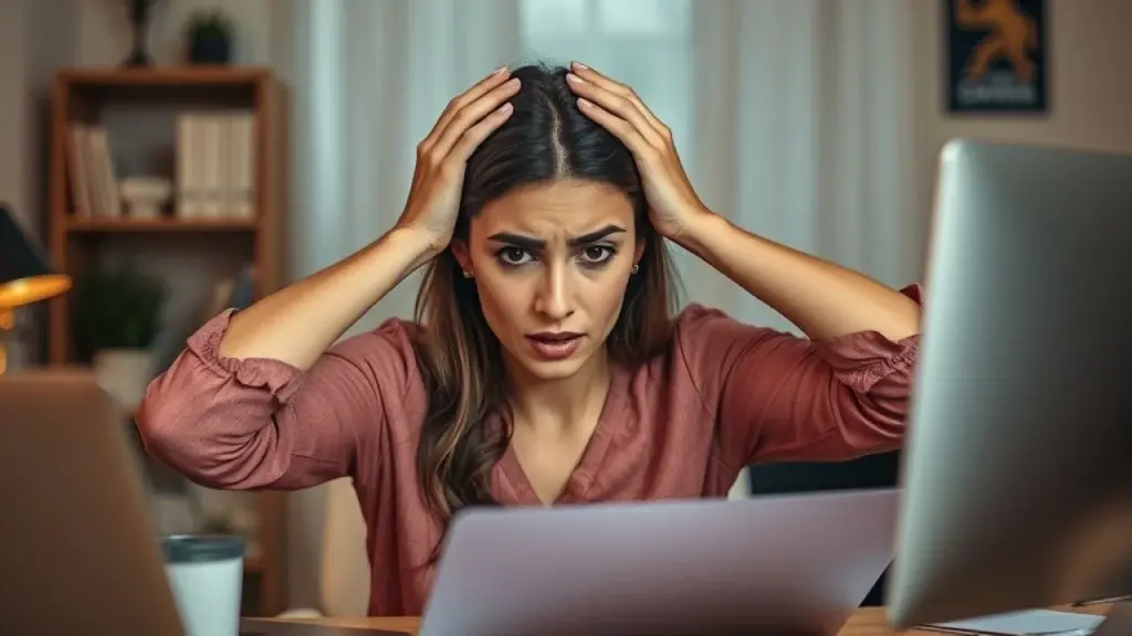 Brasileira estressada com trabalho em casa, ilustrando a importância de pedir ajuda para a saúde mental.