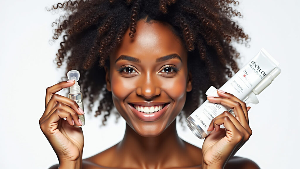 Mulher usando produtos de styling para rosto pera.