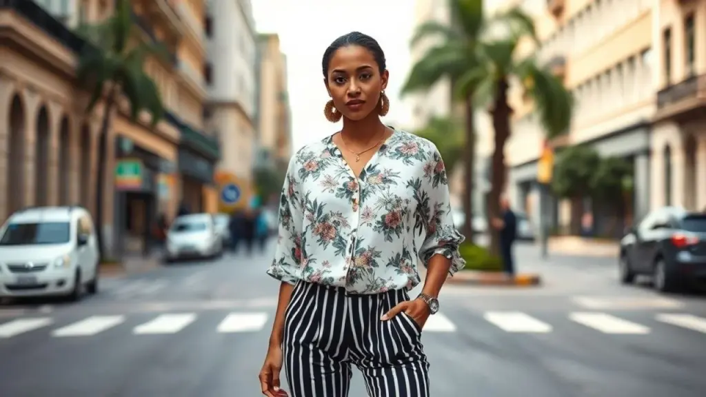 Brazilian woman wearing a floral print blouse with black and white striped pants, professional Mulher brasileira com blusa floral e calça listrada em preto e branco.