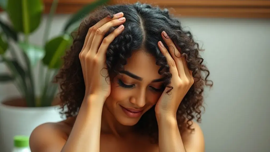Mulher massageando couro cabeludo para estimular crescimento capilar.