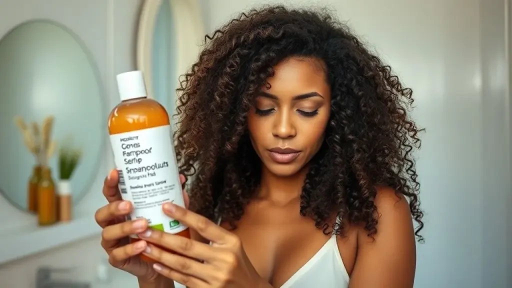 Brasileira lendo rótulo de shampoo, escolhendo produtos sem sulfatos e parabenos.