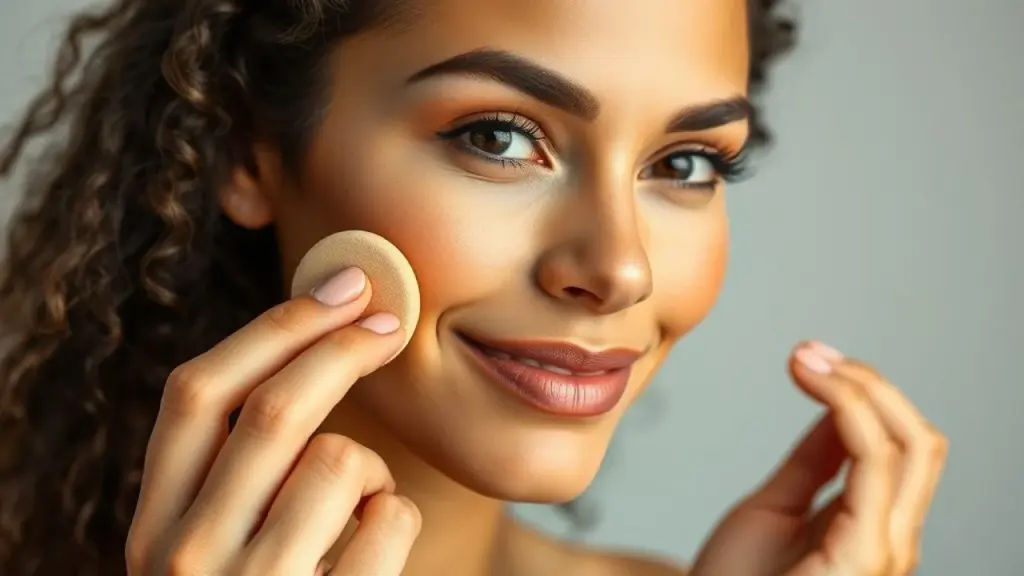 Mulher brasileira aplicando base leve com esponja. Cobertura uniforme e natural.