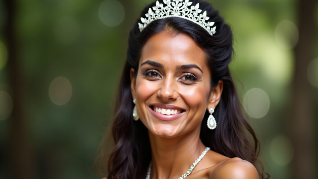 Mulher com acessórios de cabelo para rosto pera.