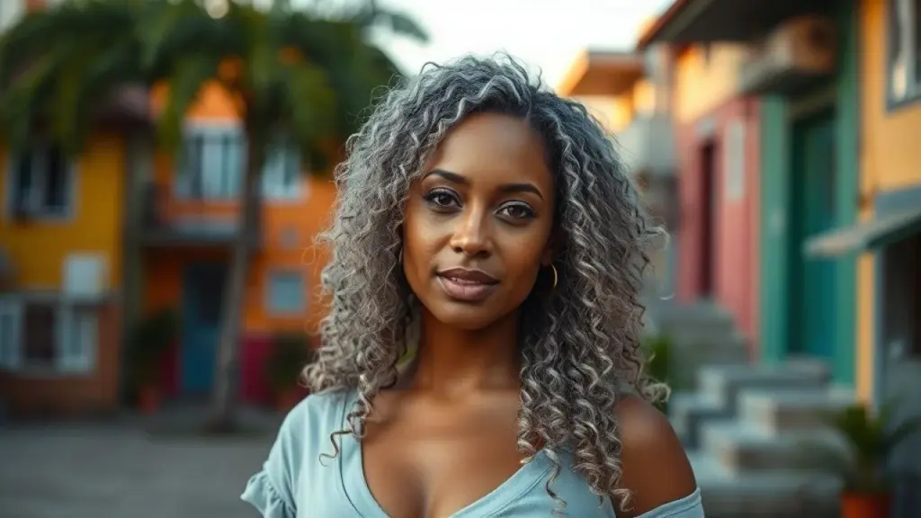 Cabelo acinzentado cacheado em mulher brasileira com favela ao fundo.