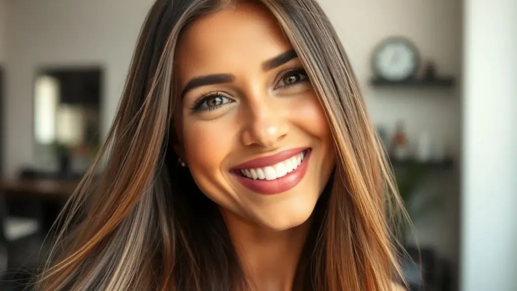 Brazilian woman with long, flowing hair, smiling confidently. Hair is straight and shiny, with a Mulher brasileira com cabelo liso e saudável após selagem sem formol.