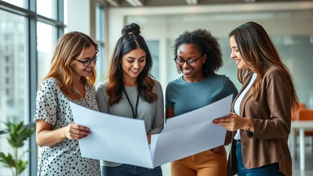 Mulheres brasileiras trabalhando juntas em projeto. Unindo forças para alcançar objetivos.