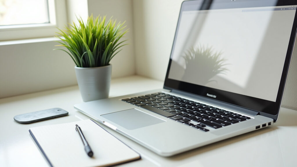 Clean, minimalist workspace with a single laptop, plant, and notebook. Natural light, organized Ambiente de trabalho minimalista e organizado para aumentar o foco.