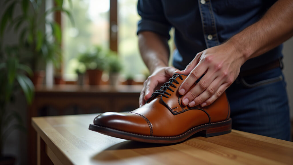 Cleaning and moisturizing leather shoes, frequency demonstration, lifestyle photography, natural Frequência ideal para limpar e hidratar sapatos.