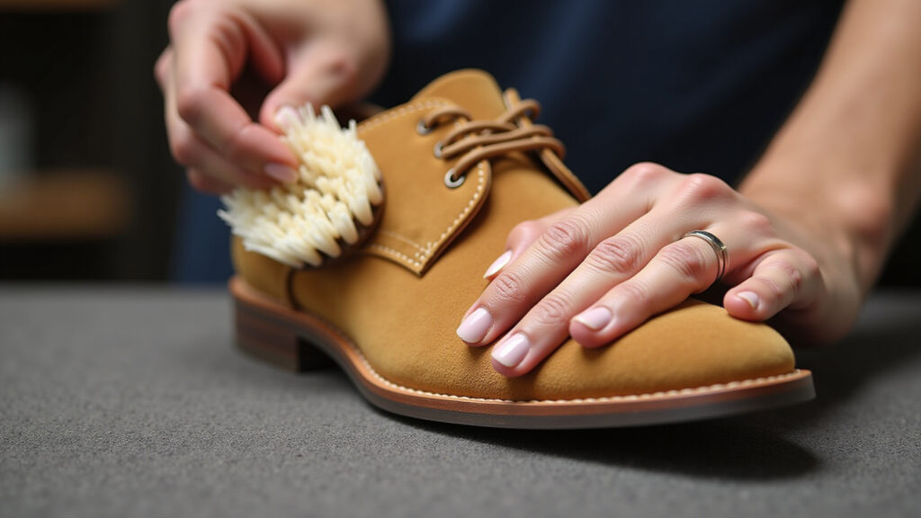 Cleaning suede shoes with a soft brush, specific suede product, avoiding stains, professional Cuidando de sapatos de camurça para evitar manchas e desgastes.