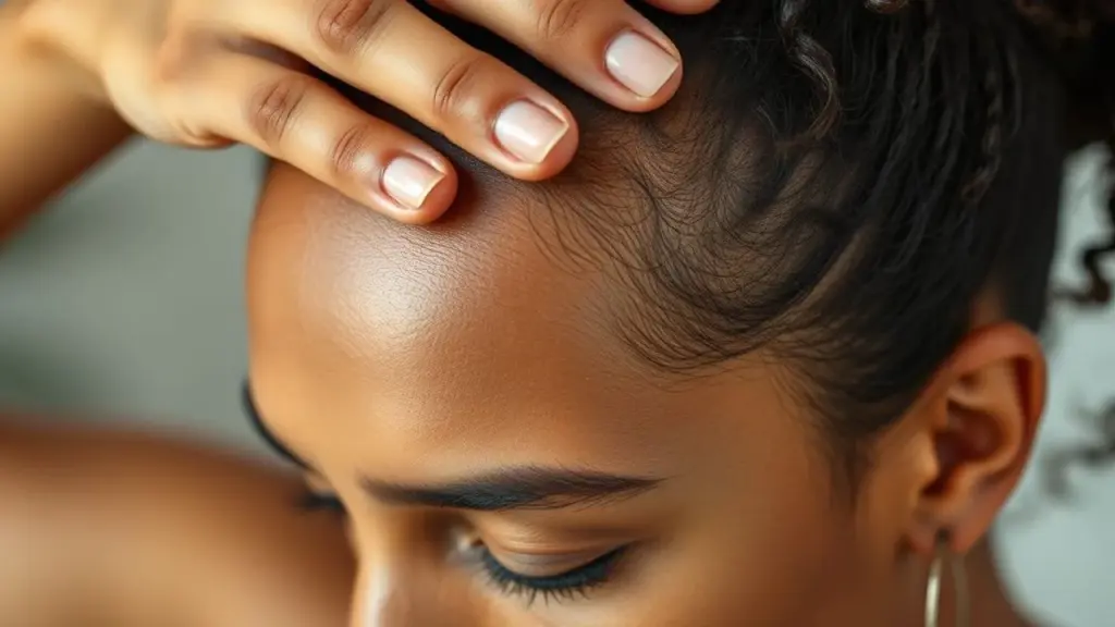 Mulher massageando o couro cabeludo com as pontas dos dedos para estimular a circulação.