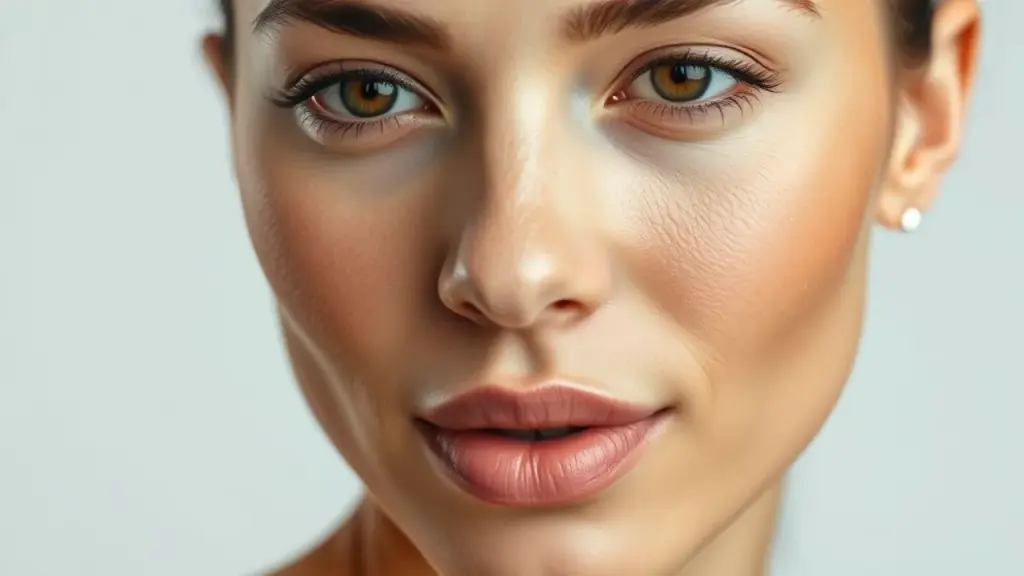 Rosto de mulher brasileira com pele impecável e maquiagem natural. Destaque para a hidratação.