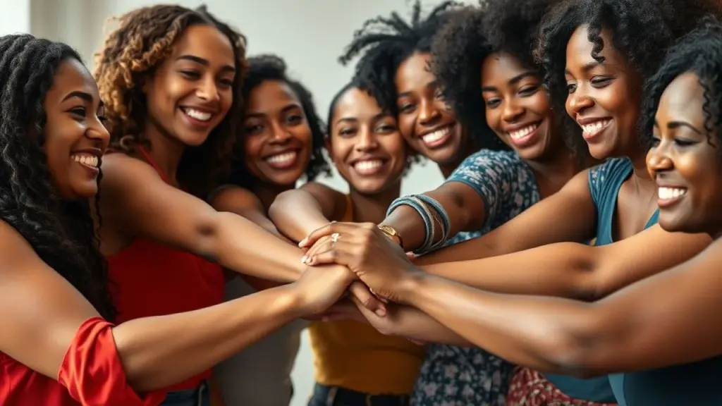 Mulheres brasileiras diversas unidas, mãos entrelaçadas, representando apoio e força.