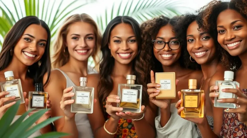 Mulheres brasileiras sorrindo com perfumes de baunilha e coco