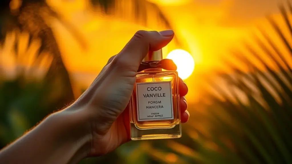 Mão borrifando perfume Coco Vanille ao pôr do sol