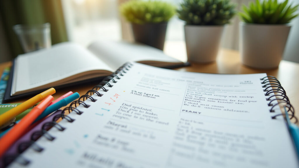 Close-up of a planner with reading goals, colorful pens, open book, desk with plants, natural Planner com metas de leitura.