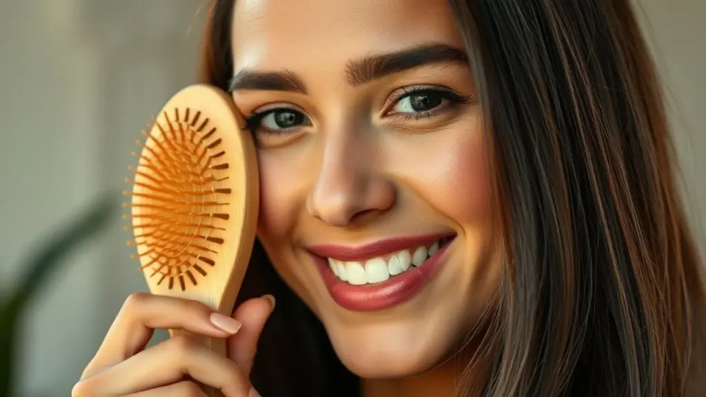 Mulher sorrindo segurando escova de bambu. Cabelo saudável e brilhante.