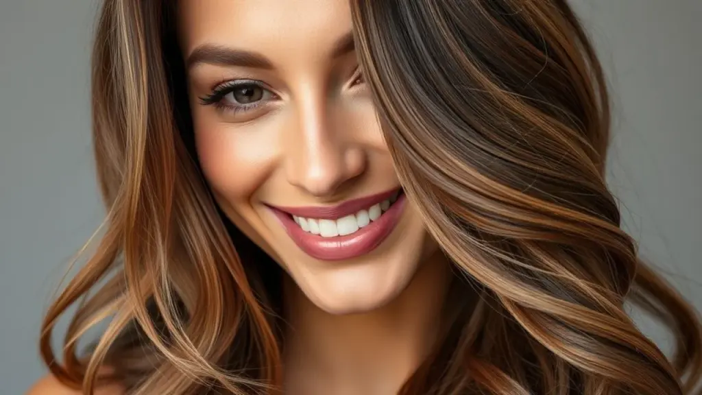 Morena iluminada doce de leite: Cabelo castanho com mechas caramelizadas, visual natural e elegante.