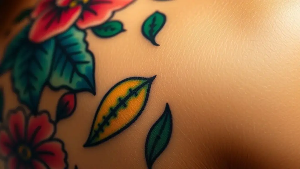 Tatuagem colorida em pele hidratada, demonstrando a importância dos cuidados para manter a cor viva.