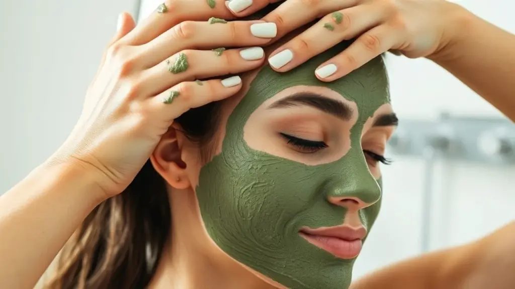 Close-up of a woman applying a green clay mask to her scalp in a bright bathroom, soft natural Mulher aplicando máscara de argila verde no couro cabeludo para controlar a oleosidade.
