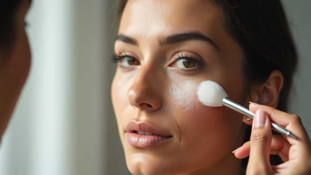 Close-up of a woman applying matte primer on her T-zone, professional photography, 8K, natural Aplicação de primer matte na zona T.