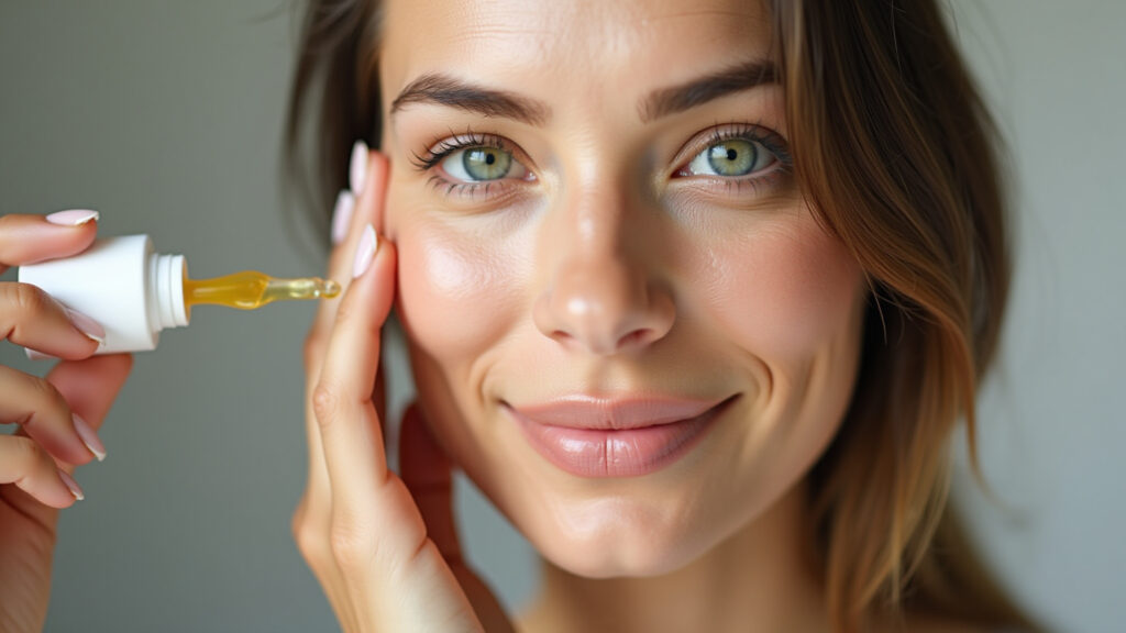 Mulher aplicando sérum de ácido ferúlico e vitamina C.
