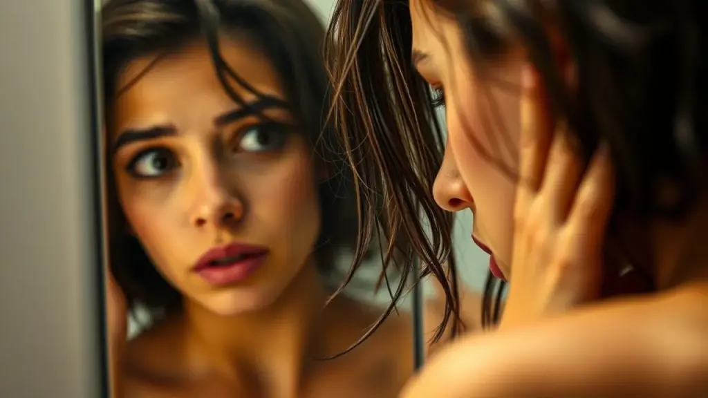 Close-up of a woman looking concerned at her oily hair in a bathroom mirror, professional studio Mulher preocupada com cabelo oleoso no espelho. Problema comum, mas com solução.