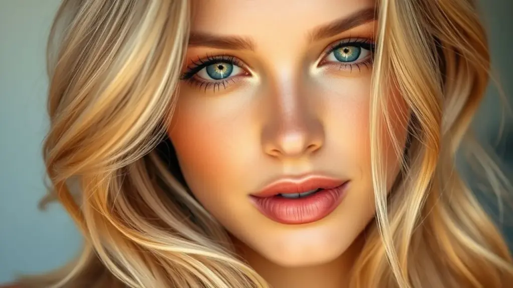 Close-up of a woman with strawberry blonde hair, soft waves, sun-kissed skin, natural makeup, Mulher brasileira com cabelo strawberry blonde, pele iluminada e maquiagem natural.