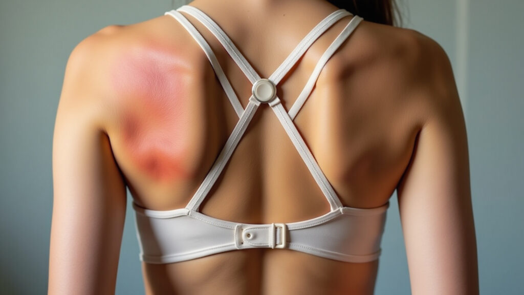 Marcas vermelhas nas costas causadas por sutiã apertado demais.