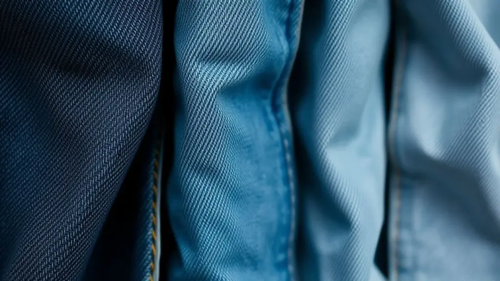 Close-up of different denim washes and textures: dark wash, light wash, distressed denim, raw Close-up texturas jeans: lavagem escura, clara, destroyed, bruto. Detalhes do tecido e acabamento.