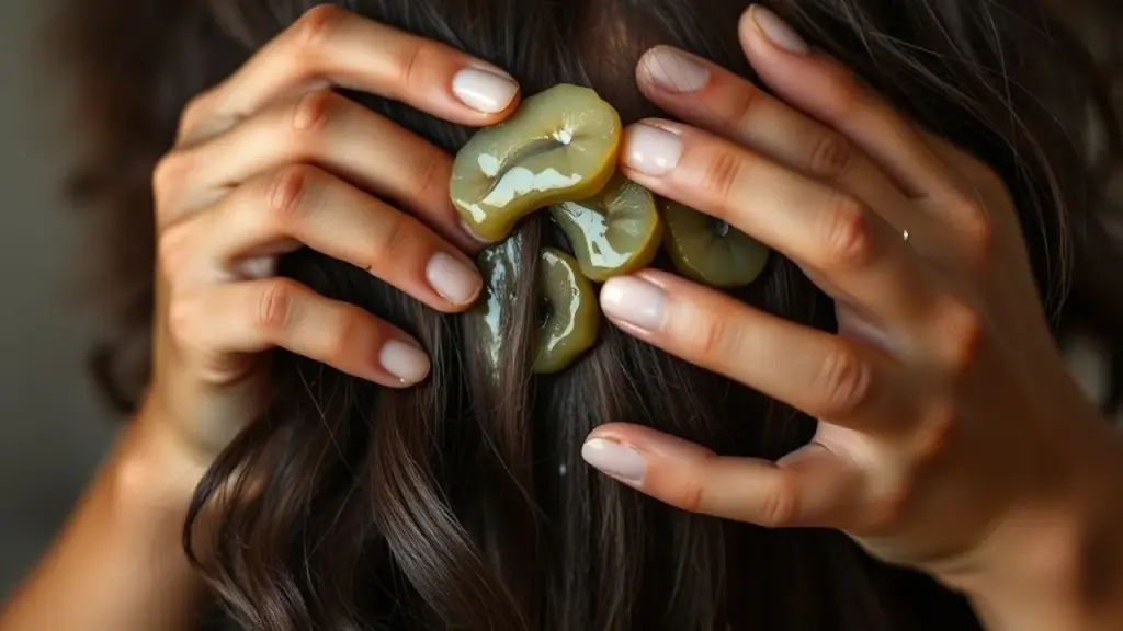 Close-up of diverse hands applying a homemade hair mask with natural ingredients (gelatin, maisena, Máscara caseira para selagem capilar sendo aplicada, ingredientes naturais.