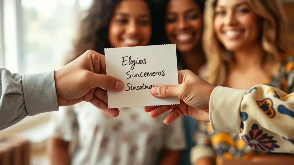 Close-up of diverse hands exchanging a handwritten note with a heartfelt message, soft focus on Mãos trocando bilhete com mensagem carinhosa, simbolizando elogio e conexão.