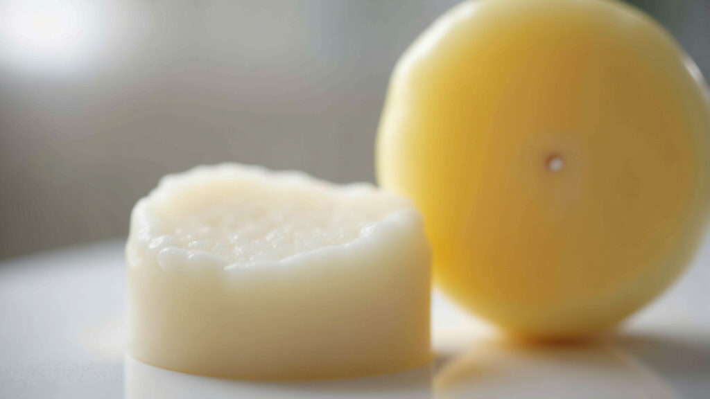 Close-up of gentle, organic solid conditioner bar, safe for children's hair, soft colors, natural Condicionador sólido infantil.