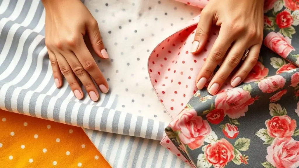 Close-up of hands arranging fabric swatches with classic prints: stripes, polka dots, and florals, Amostras de tecidos listrados, florais e de poá. Mix de estampas clássico.
