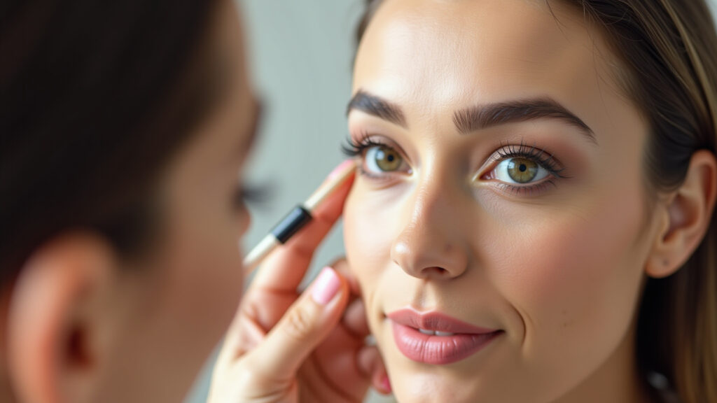 Close-up of woman applying eye primer before eyeshadow, professional photography, 8K quality, Primer para olhos antes da sombra.