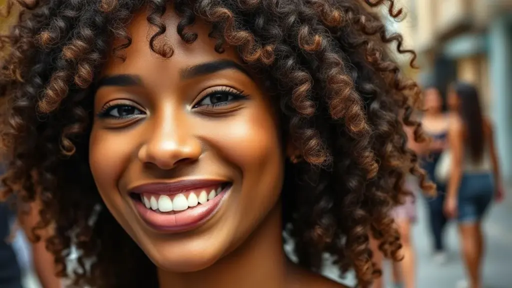 Mulher brasileira sorrindo, cabelo natural, minimalismo, beleza autêntica.