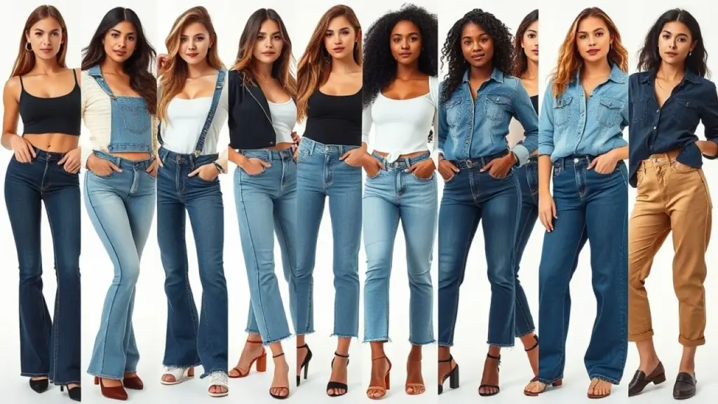 Collage showcasing various jeans styles: skinny, flare, bootcut, mom jeans, boyfriend, and slouchy. Colagem de jeans: skinny, flare, bootcut, mom jeans, boyfriend, slouchy. Mulheres brasileiras diversas.