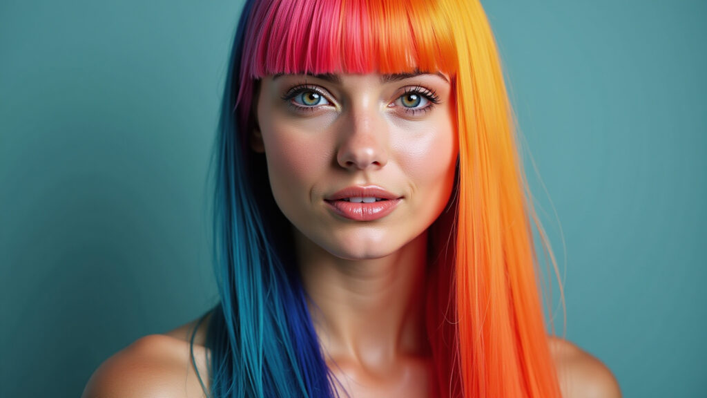 Cabelo colorido com corte em camadas longas e shampoo com proteção UV.