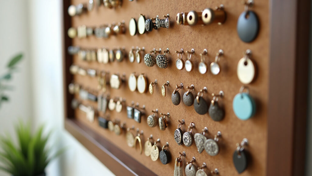 Mural de cortiça organizando brincos e colares.