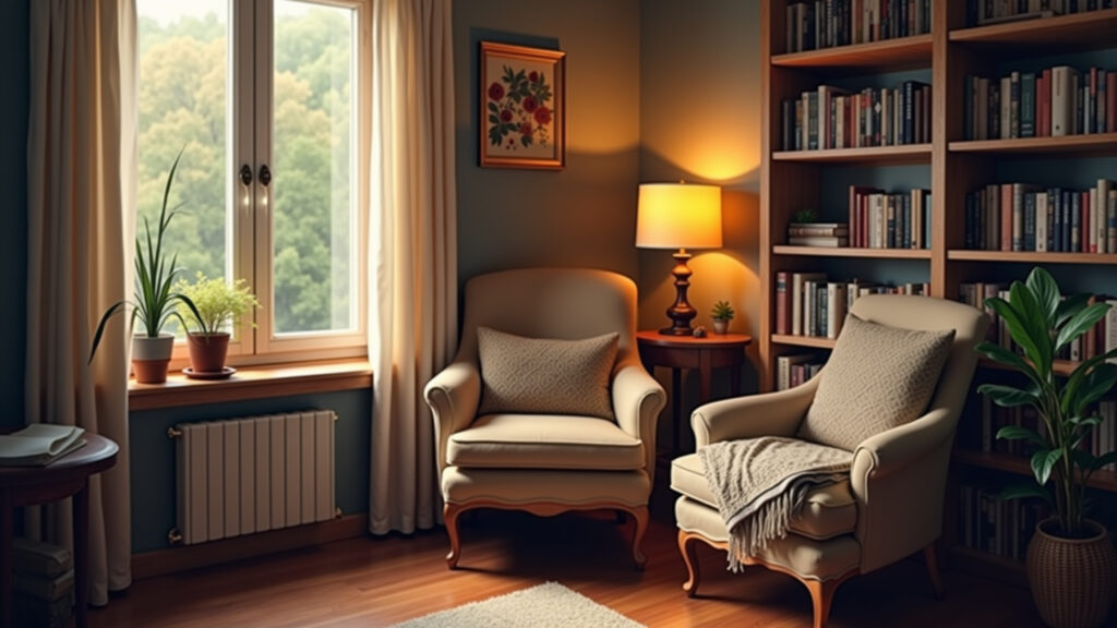 Cozy reading nook with armchair, lamp, bookshelf, blanket, warm colors, natural lighting, lifestyle Cantinho de leitura aconchegante.